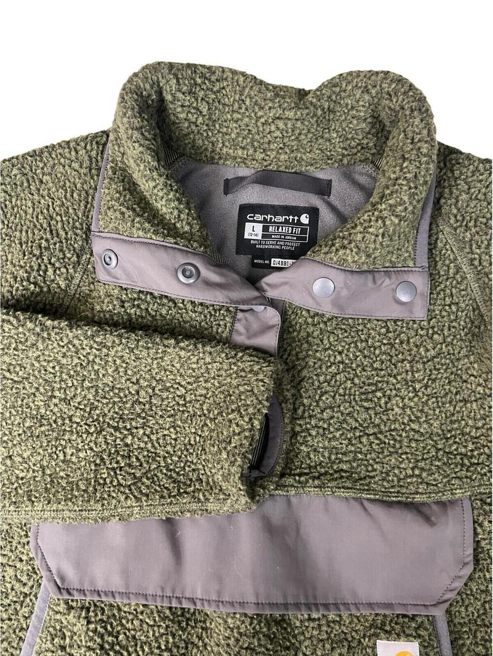 Carhartt Sherpa Fleece Pullover Jacket Olive Green Snap Front Workwear Outdoor